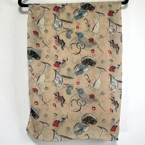 None Accessories - Cute Printed Scarf | Semi-Sheer Lipstick, Roses, Hearts Motif on Soft Neutral